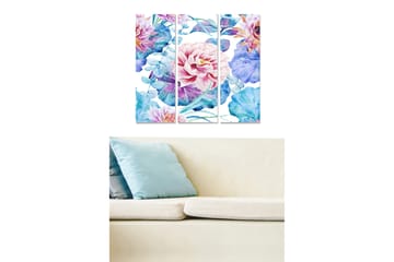 Canvastavla i trä 3-delar 50x70 cm - Färgrik bukett av blommor i akvarellstil - Ljusrosa / Blå / Grön - Inredning - Tavlor & posters - Canvastavla