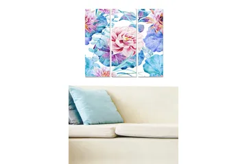 Canvastavla i trä 3-delar 50x70 cm - Färgrik bukett av blommor i akvarellstil - Ljusrosa / Blå / Grön - Inredning - Tavlor & posters - Canvastavla