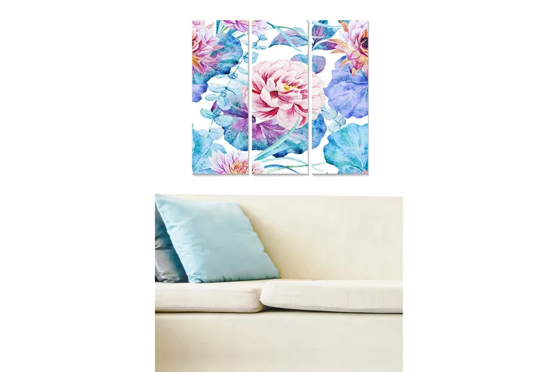 Canvastavla i trä 3-delar 50x70 cm - Färgrik bukett av blommor i akvarellstil, Ljusrosa / Blå / Grön