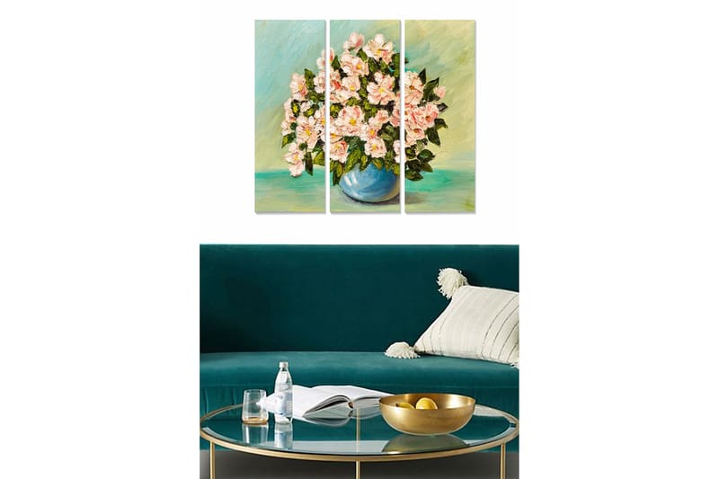Canvastavla i trä 3-delar 50x70 cm - Färgrik bukett av blommor i en blå vas, Rosa / Grön / Blå