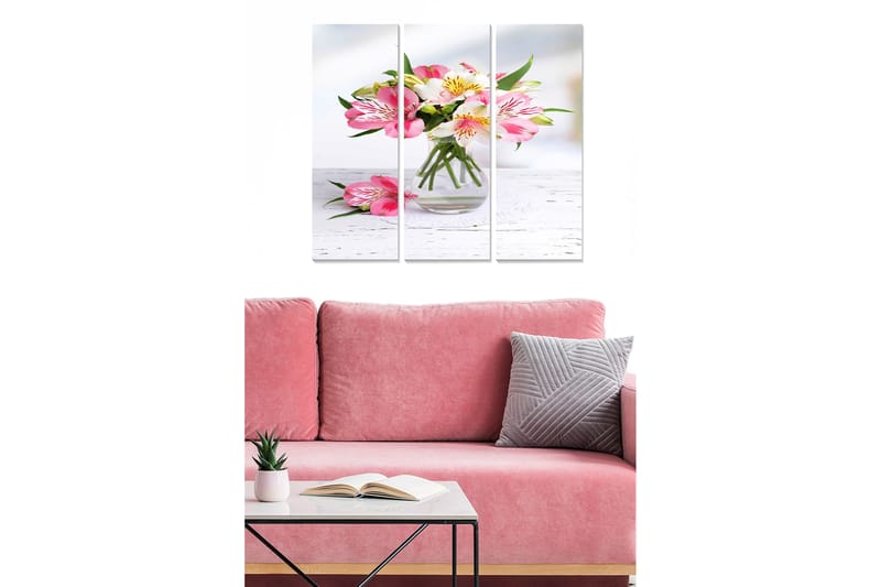 Canvastavla i trä 3-delar 50x70 cm - Färgrik bukett av blommor i en glasvas, Rosa / Vitt / Grönt