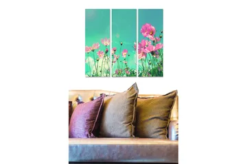 Canvastavla i trä 3-delar 50x70 cm - Färgrik bukett av blommor i en grönskande miljö - Rosa / Grön / Turkos - Inredning - Tavlor & posters - Canvastavla