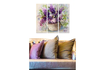 Canvastavla i trä 3-delar 50x70 cm - Färgrik bukett av blommor i en korg - Lila / Grön / Vit - Inredning - Tavlor & posters - Canvastavla