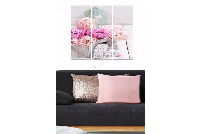 Canvastavla i trä 3-delar 50x70 cm - Färgrik bukett av blommor i en korg, Rosa / Ljusrosa / Grå