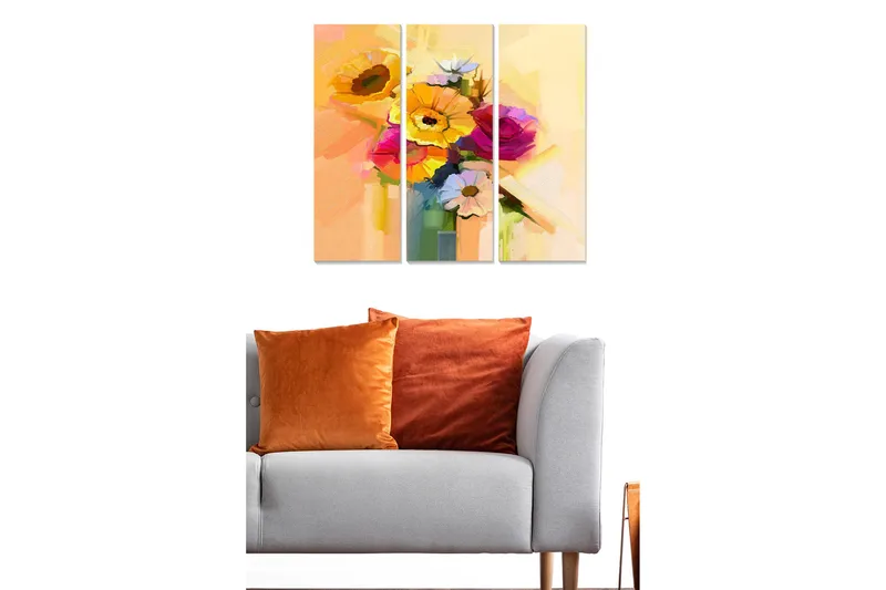 Canvastavla i trä 3-delar 50x70 cm - Färgrik bukett av blommor i en vas, Gul / Rosa / Grön
