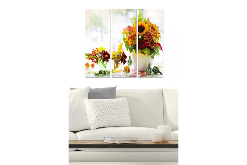 Canvastavla i trä 3-delar 50x70 cm - Färgrik bukett av blommor i en vas, Gult / Rött / Grönt