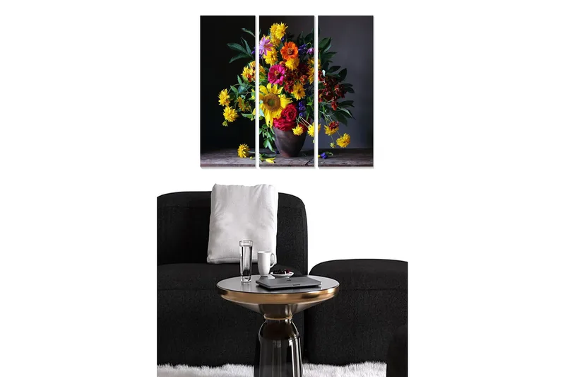 Canvastavla i trä 3-delar 50x70 cm - Färgrik bukett av blommor i en vas, Gult / Rött / Grönt