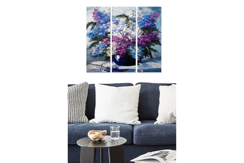 Canvastavla i trä 3-delar 50x70 cm - Färgrik bukett av blommor i en vas, Lila / Blå / Grön