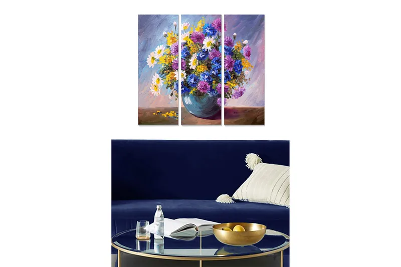 Canvastavla i trä 3-delar 50x70 cm - Färgrik bukett av blommor i en vas, Lila / Gult / Vitt