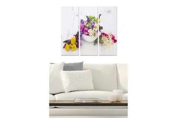 Canvastavla i trä 3-delar 50x70 cm - Färgrik bukett av blommor i en vit skål - Gult / Lila / Rosa - Inredning - Tavlor & posters - Canvastavla