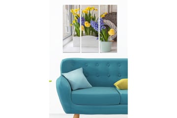 Canvastavla i trä 3-delar 50x70 cm - Färgrik bukett av blommor i krukor - Gul / Lila / Grön - Inredning - Tavlor & posters - Canvastavla