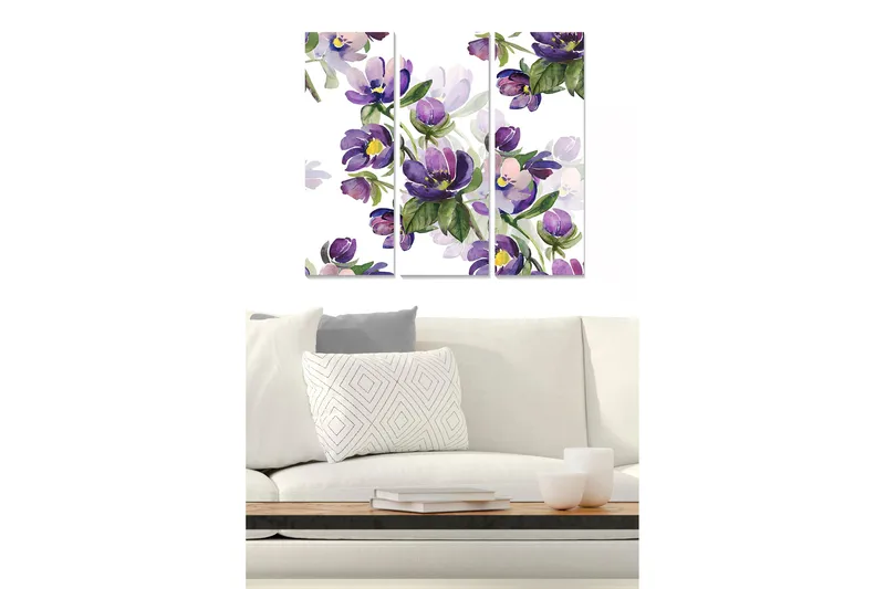 Canvastavla i trä 3-delar 50x70 cm - Färgrik bukett av blommor i lila och grönt, Lila / Grön