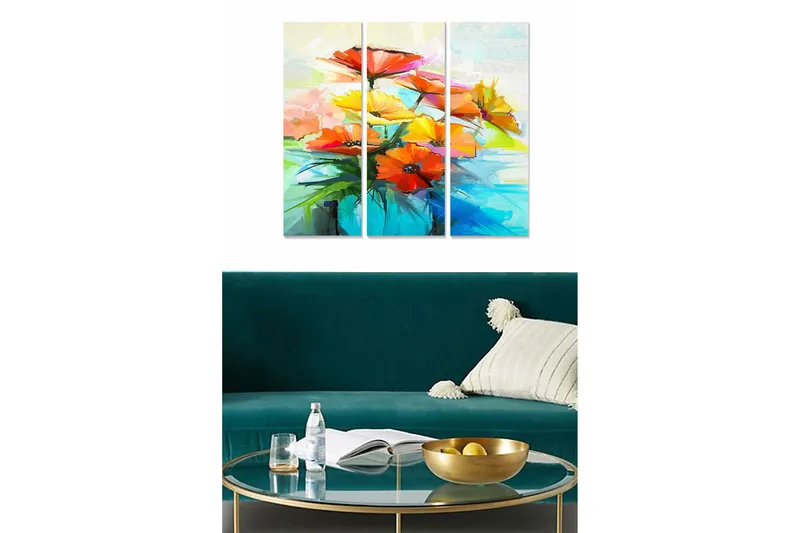 Canvastavla i trä 3-delar 50x70 cm - Färgrik bukett av blommor i livliga nyanser, Röd / Gul / Grön