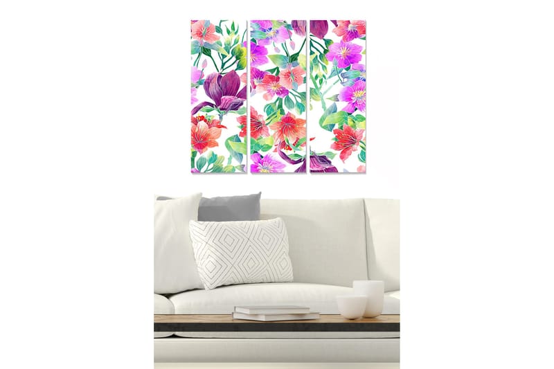Canvastavla i trä 3-delar 50x70 cm - Färgrik bukett av blommor i olika nyanser, Lila / Rosa / Röd