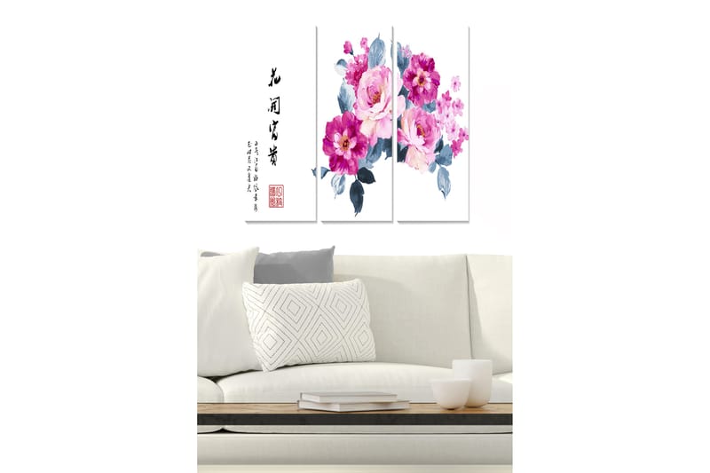 Canvastavla i trä 3-delar 50x70 cm - Färgrik bukett av blommor i rosa och lila nyanser, Rosa / Lila / Grå