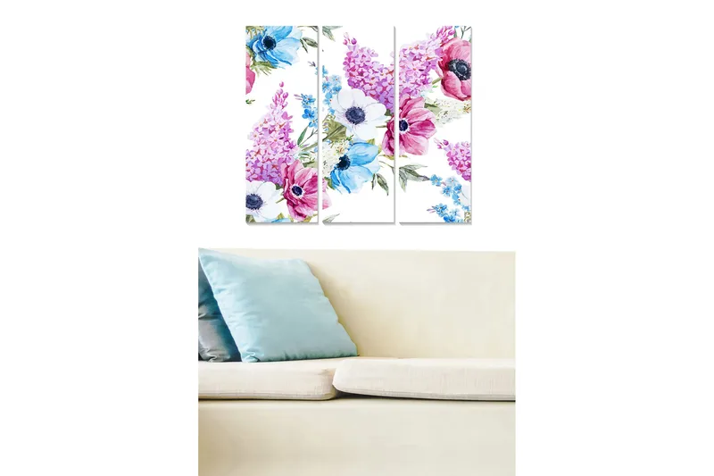 Canvastavla i trä 3-delar 50x70 cm - Färgrik bukett av blommor i pastelltoner, Lila / Blå / Rosa