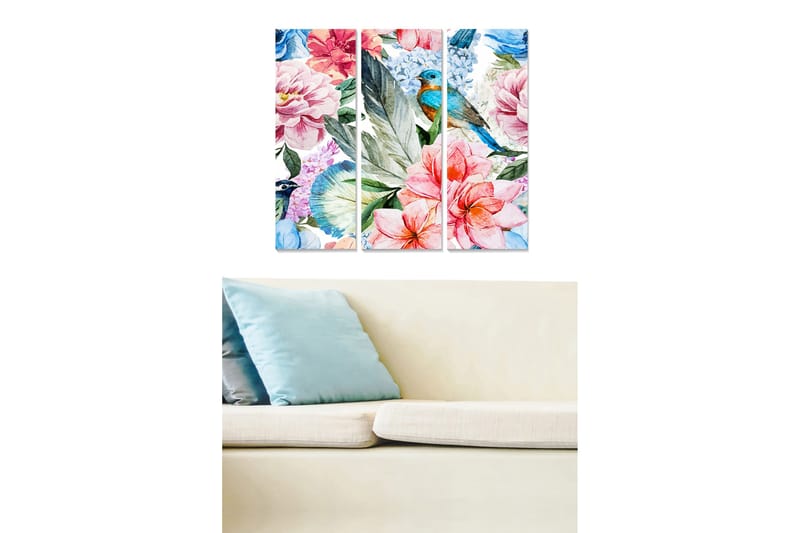 Canvastavla i trä 3-delar 50x70 cm - Färgrik bukett av blommor med en fågel i fokus, Rosa / Blå / Grön