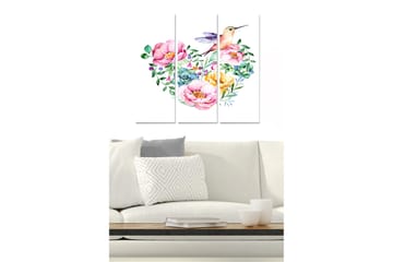 Canvastavla i trä 3-delar 50x70 cm - Färgrik bukett av blommor med en kolibri - Rosa / Grön / Gul - Inredning - Tavlor & posters - Canvastavla