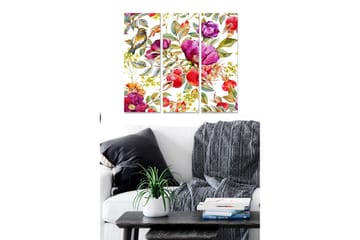 Canvastavla i trä 3-delar 50x70 cm - Färgrik bukett av blommor med fågelmotiv - Lila / Röd / Grön - Inredning - Tavlor & posters - Canvastavla