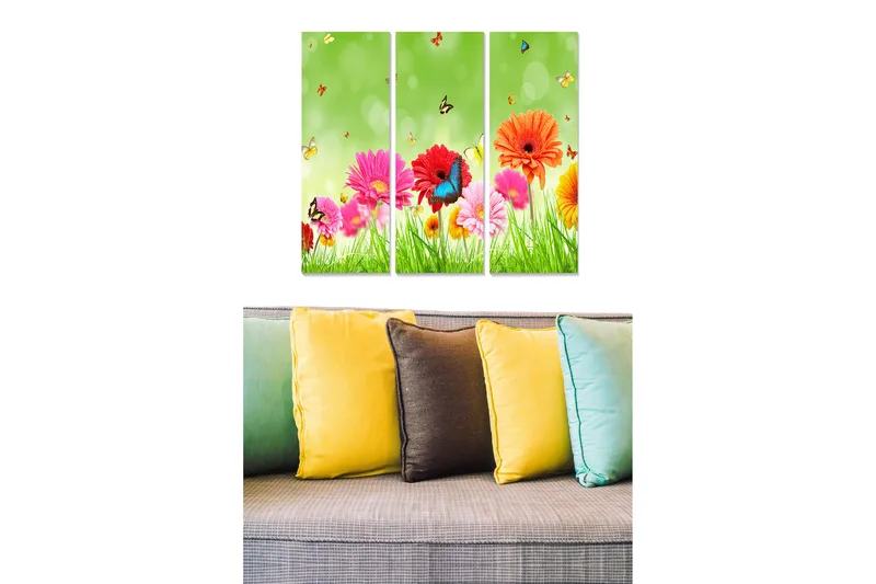 Canvastavla i trä 3-delar 50x70 cm - Färgrik bukett av blommor med fjärilar i en grön miljö, Rosa / Orange / Grön
