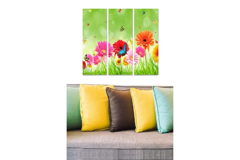 Canvastavla i trä 3-delar 50x70 cm - Färgrik bukett av blommor med fjärilar i en grön miljö, Rosa / Orange / Grön
