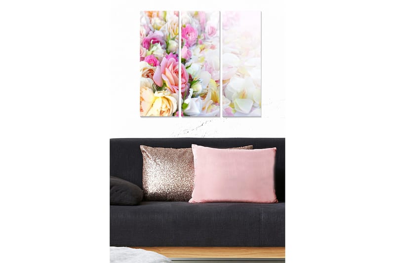 Canvastavla i trä 3-delar 50x70 cm - Färgrik bukett av blommor, Rosa / Gul / Vit