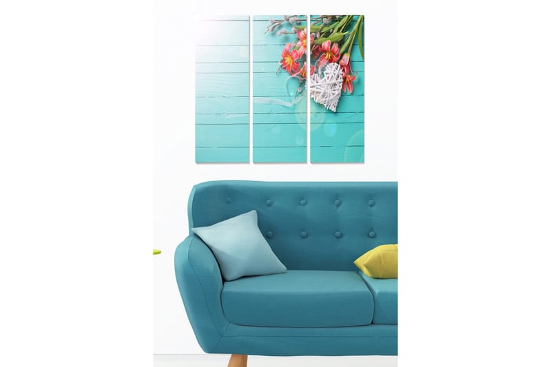 Canvastavla i trä 3-delar 50x70 cm - Färgrik bukett av blommor på en ljusblå bakgrund, Ljusblå / Rosa / Grön