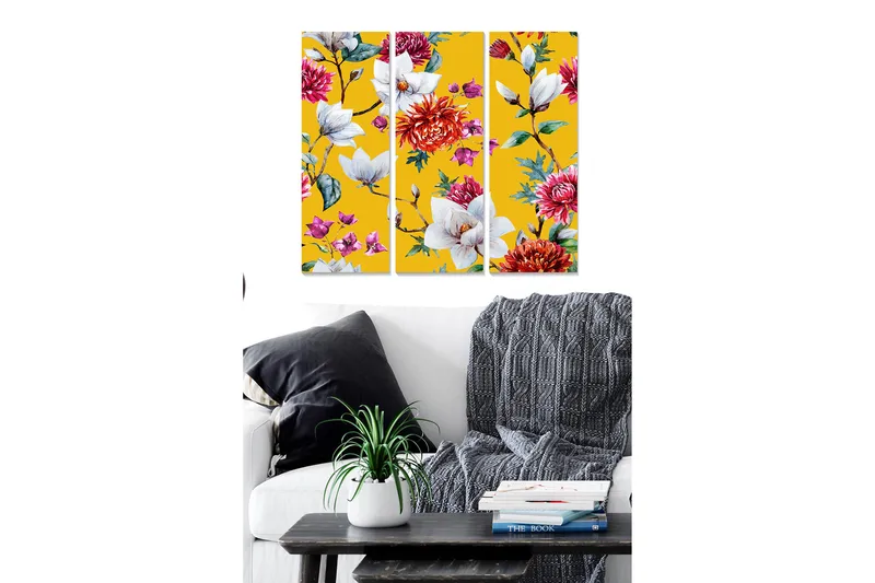 Canvastavla i trä 3-delar 50x70 cm - Färgrik bukett av blommor på gul bakgrund, Gul / Rosa / Vit