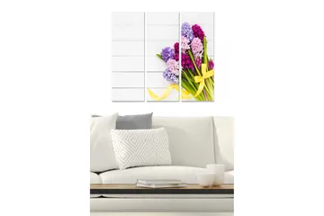 Canvastavla i trä 3-delar 50x70 cm - Färgrik bukett av hyacinter med ett gult band - Lila / Rosa / Grön - Inredning - Tavlor & posters - Canvastavla