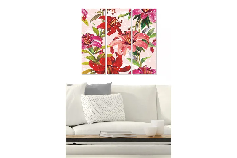 Canvastavla i trä 3-delar 50x70 cm - Färgrik bukett av liljor, Rosa / Röd / Grön