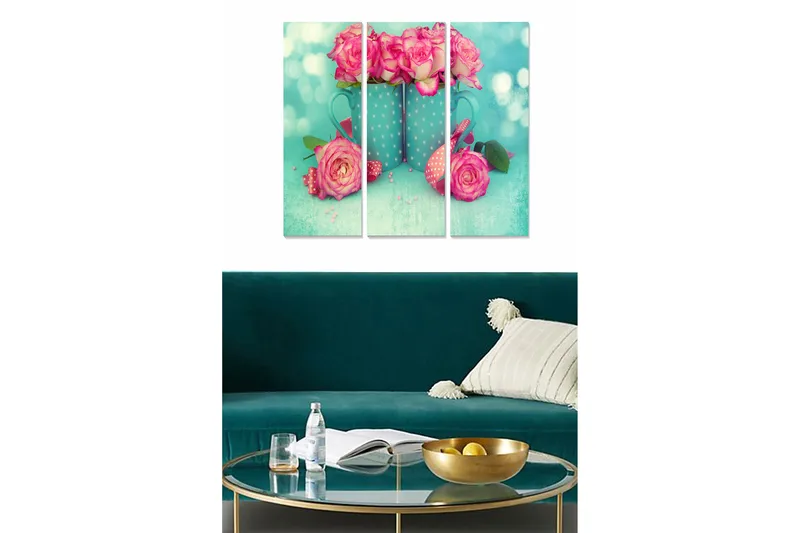 Canvastavla i trä 3-delar 50x70 cm - Färgrik bukett av rosor i en blå kruka - Rosa / Turkos / Grön - Inredning - Tavlor & posters - Canvastavla