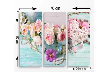 Canvastavla i trä 3-delar 50x70 cm - Färgrik bukett av rosor och blommor i en glasvas - Rosa / Grön / Vit - Inredning - Tavlor & posters - Canvastavla