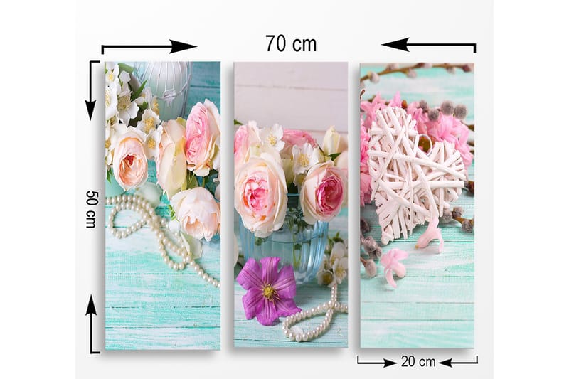 Canvastavla i trä 3-delar 50x70 cm - Färgrik bukett av rosor och blommor i en glasvas - Rosa / Grön / Vit - Inredning - Tavlor & posters - Canvastavla