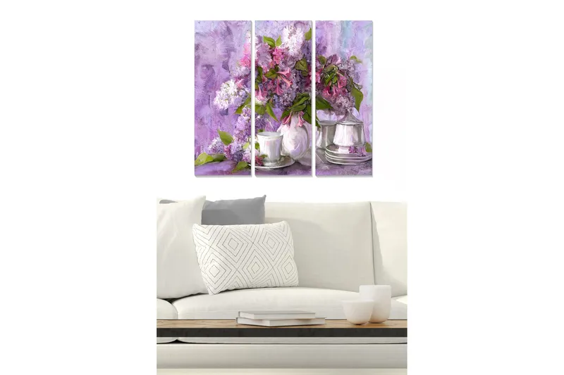 Canvastavla i trä 3-delar 50x70 cm - Färgrik bukett av syrenblommor i en glasvas, Lila / Grön / Vit