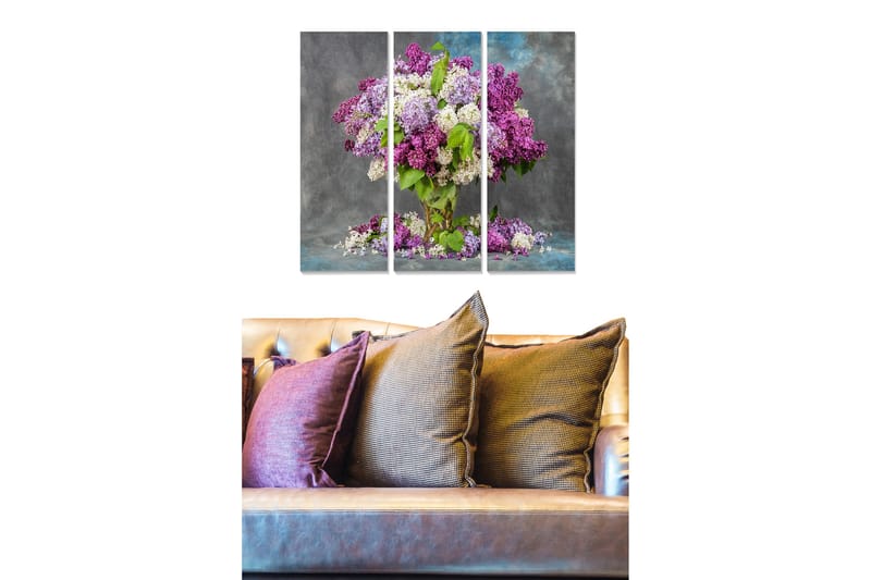 Canvastavla i trä 3-delar 50x70 cm - Färgrik bukett av syrenblommor, Lila / Vit / Grön