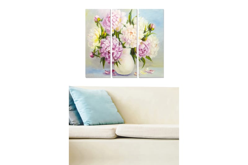 Canvastavla i trä 3-delar 50x70 cm - Färgrik bukett av pioner i en vas - Ljusrosa / Vit / Grön - Inredning - Tavlor & posters - Canvastavla