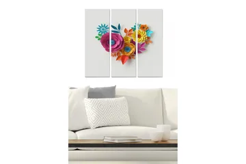 Canvastavla i trä 3-delar 50x70 cm - Färgrik bukett av papperblommor i form av ett hjärta - Rosa / Orange / Blå - Inredning - Tavlor & posters - Canvastavla