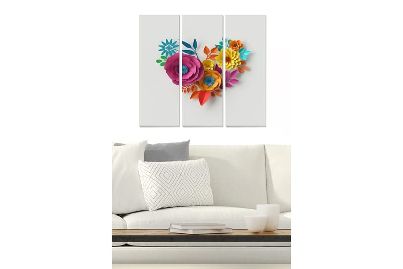 Canvastavla i trä 3-delar 50x70 cm - Färgrik bukett av papperblommor i form av ett hjärta, Rosa / Orange / Blå
