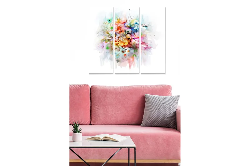 Canvastavla i trä 3-delar 50x70 cm - Färgrik komposition av blommor i abstrakt stil, Rosa / Gult / Blått