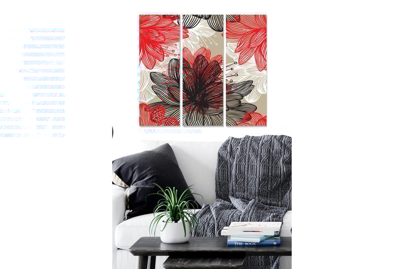 Canvastavla i trä 3-delar 50x70 cm - Färgrik komposition av blommor i olika nyanser - Röd / Svart / Beige - Inredning - Tavlor & posters - Canvastavla