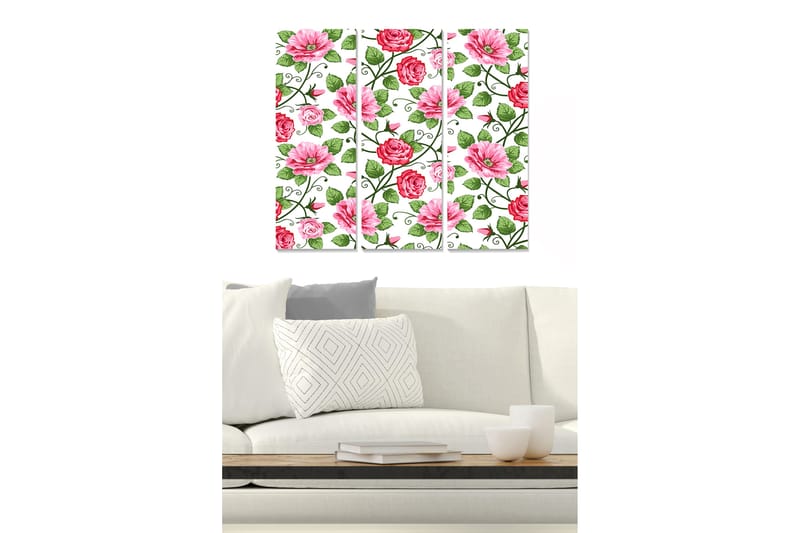 Canvastavla i trä 3-delar 50x70 cm - Färgrik komposition av blommor med rosor och prästkragar, Rosa / Grön