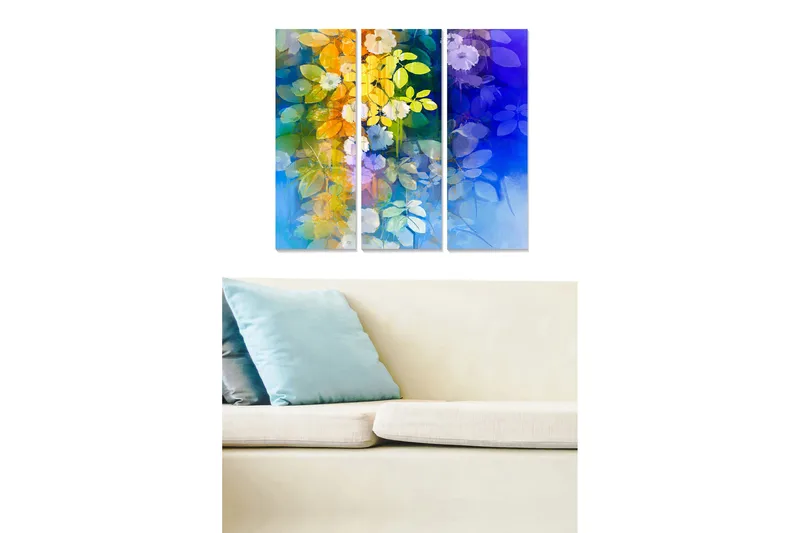 Canvastavla i trä 3-delar 50x70 cm - Färgrik komposition av blommor och blad i en harmonisk sammansättning - Blå / Gul / Grön - Inredning - Tavlor & posters - Canvastavla