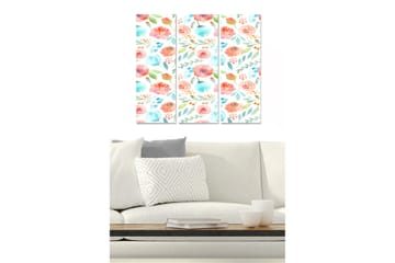 Canvastavla i trä 3-delar 50x70 cm - Färgrik komposition av blommor och blad - Rosa / Blå / Grön - Inredning - Tavlor & posters - Canvastavla
