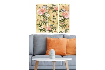 Canvastavla i trä 3-delar 50x70 cm - Färgrik komposition av blommor och fåglar - Rosa / Grön / Beige - Inredning - Tavlor & posters - Canvastavla