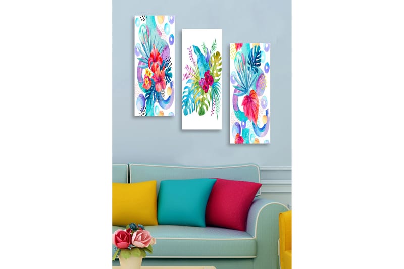 Canvastavla i trä 3-delar 50x70 cm - Färgrik komposition av tropiska växter och blommor, Röd / Grön / Blå