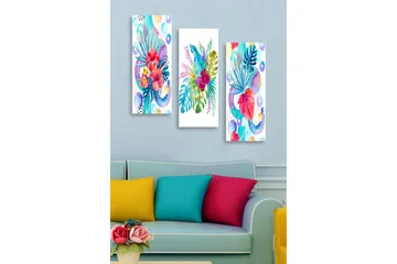 Canvastavla i trä 3-delar 50x70 cm - Färgrik komposition av tropiska växter och blommor - Röd / Grön / Blå - Inredning - Tavlor & posters - Canvastavla