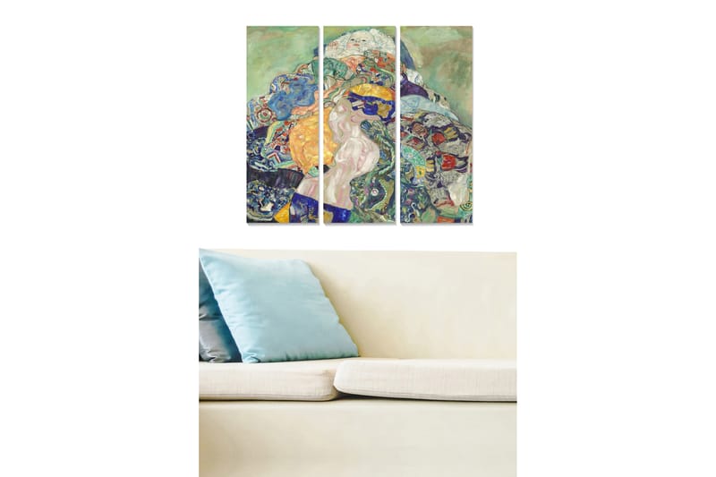 Canvastavla i trä 3-delar 50x70 cm - Färgrik komposition med en naken kvinna omgiven av mönstrade element, Grön / Blå / Orange