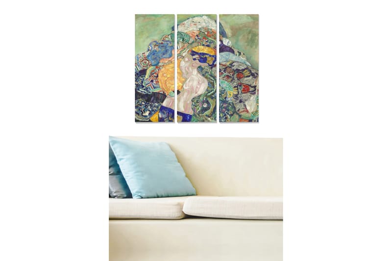 Canvastavla i trä 3-delar 50x70 cm - F ärgrik komposition med en naken kvinna omgiven av mönstrade element, Grön / Blå / Orange