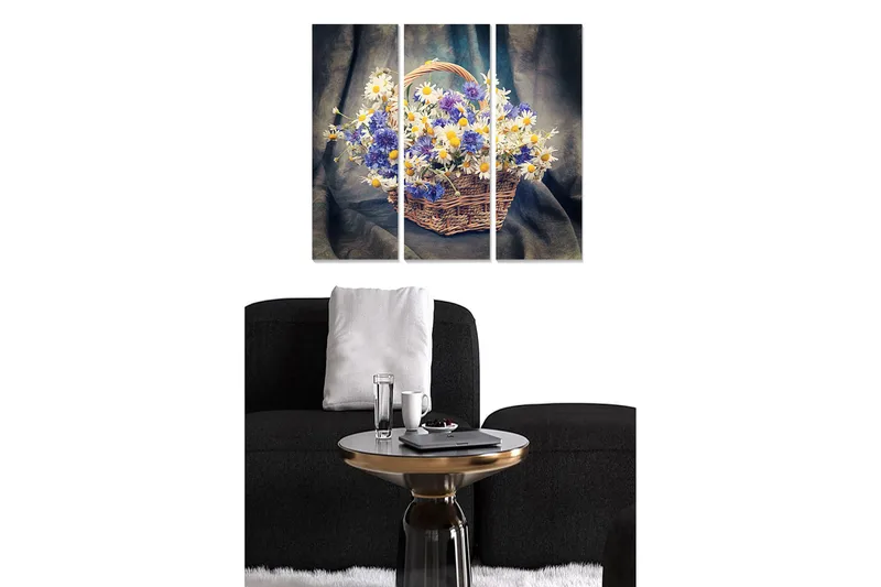 Canvastavla i trä 3-delar 50x70 cm - Färgrik korg med blommor, Blå / Vit / Gul