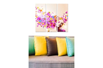 Canvastavla i trä 3-delar 50x70 cm - Färgrik kvinna med blommor och fjärilar som sväva omkring henne - Lila / Rosa / Gult - Inredning - Tavlor & posters - Canvastavla